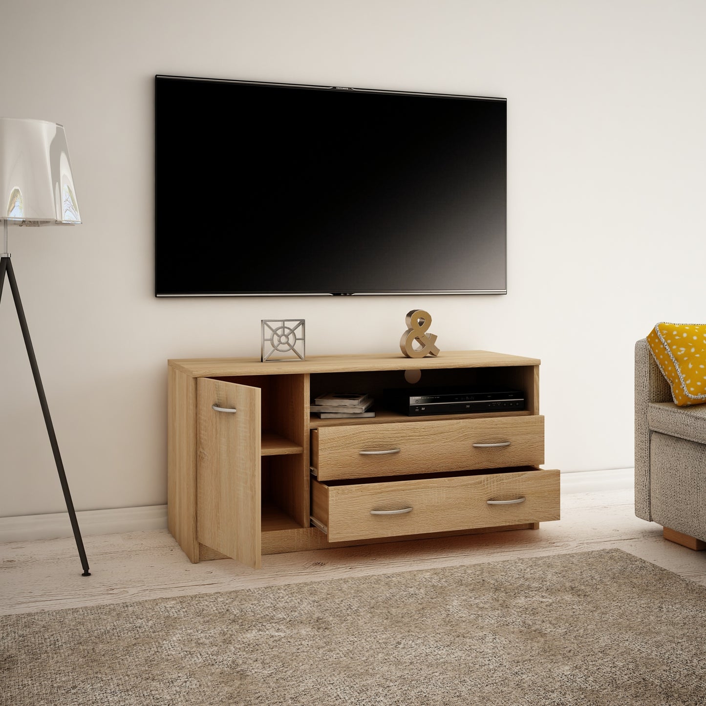 TV-Schrank 110cm breit Lowboard mit matter Oberfläche Fernsehtisch mit 1 Tür, 2 Schubladen und 2 Regalen, aus laminiertem Board, abgerundete Kante und Metall-Rollschienen Fernsehkommode