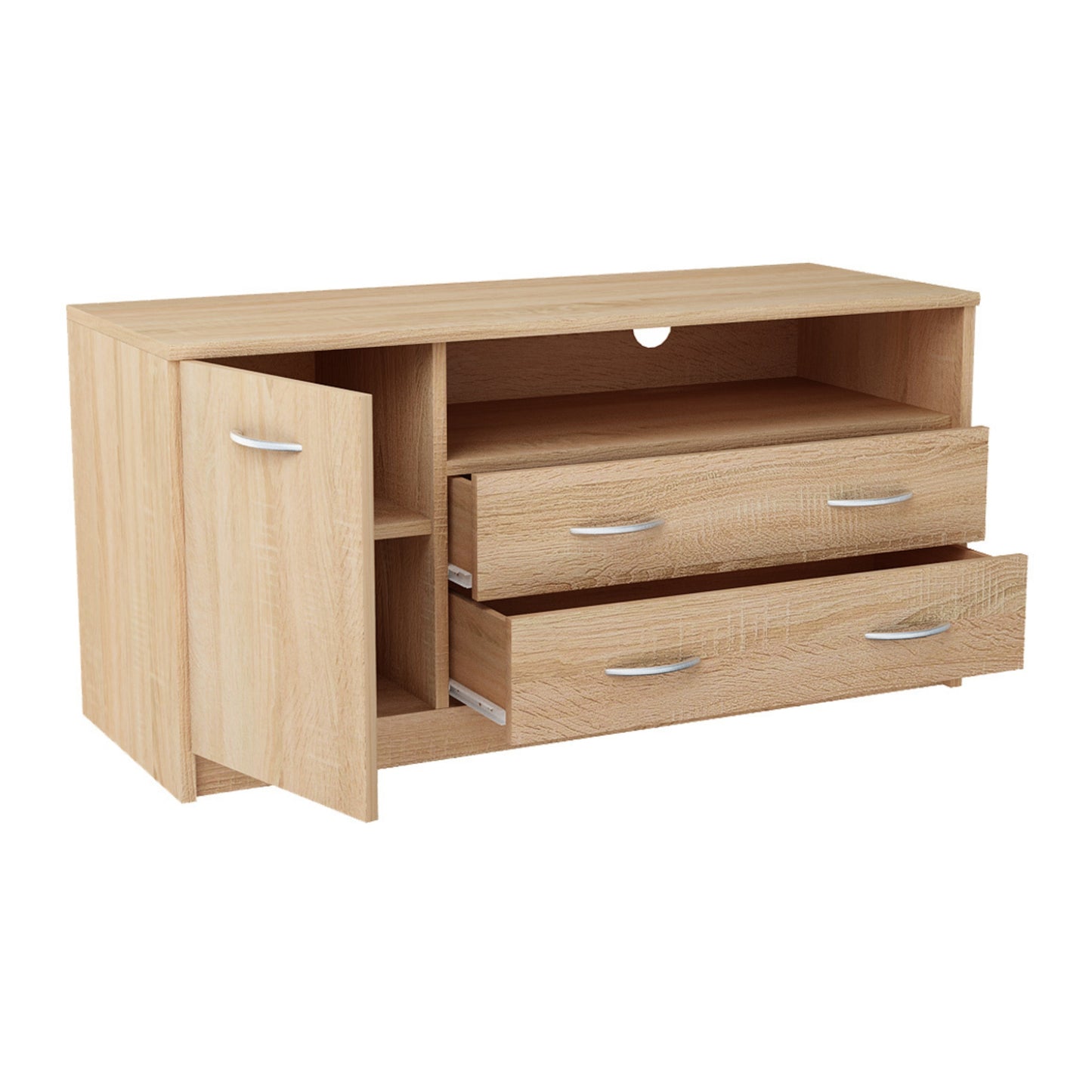 TV-Schrank 110cm breit Lowboard mit matter Oberfläche Fernsehtisch mit 1 Tür, 2 Schubladen und 2 Regalen, aus laminiertem Board, abgerundete Kante und Metall-Rollschienen Fernsehkommode