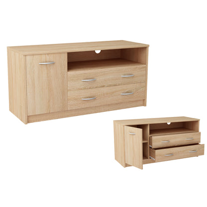 TV-Schrank 110cm breit Lowboard mit matter Oberfläche Fernsehtisch mit 1 Tür, 2 Schubladen und 2 Regalen, aus laminiertem Board, abgerundete Kante und Metall-Rollschienen Fernsehkommode