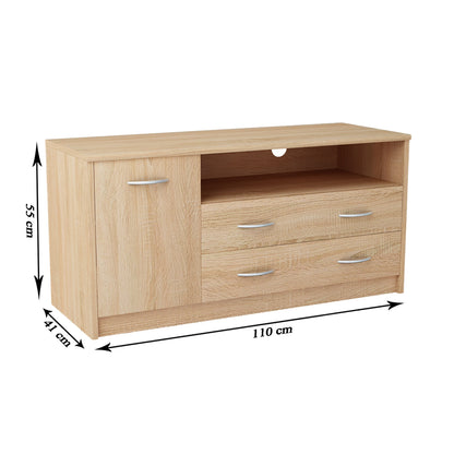 TV-Schrank 110cm breit Lowboard mit matter Oberfläche Fernsehtisch mit 1 Tür, 2 Schubladen und 2 Regalen, aus laminiertem Board, abgerundete Kante und Metall-Rollschienen Fernsehkommode