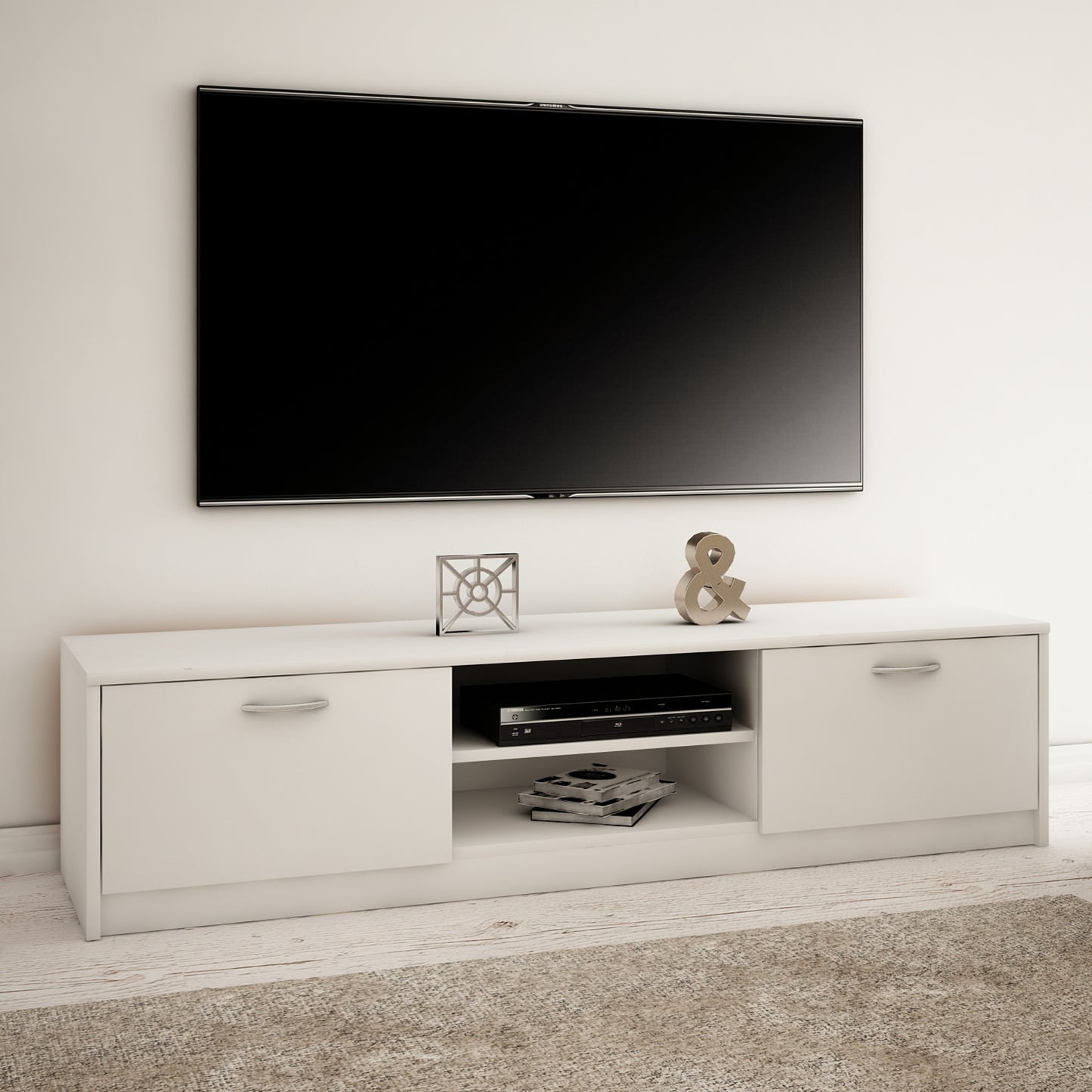 TV-Schrank 160cm breit Lowboard mit matter Oberfläche Fernsehtisch mit 2 Türen und 2 Regalen, aus laminiertem Board, abgerundete Kante und Metall-Rollschienen Fernsehkommode