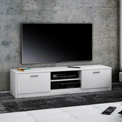 TV-Schrank 160cm breit Lowboard mit matter Oberfläche Fernsehtisch mit 2 Türen und 2 Regalen, aus laminiertem Board, abgerundete Kante und Metall-Rollschienen Fernsehkommode