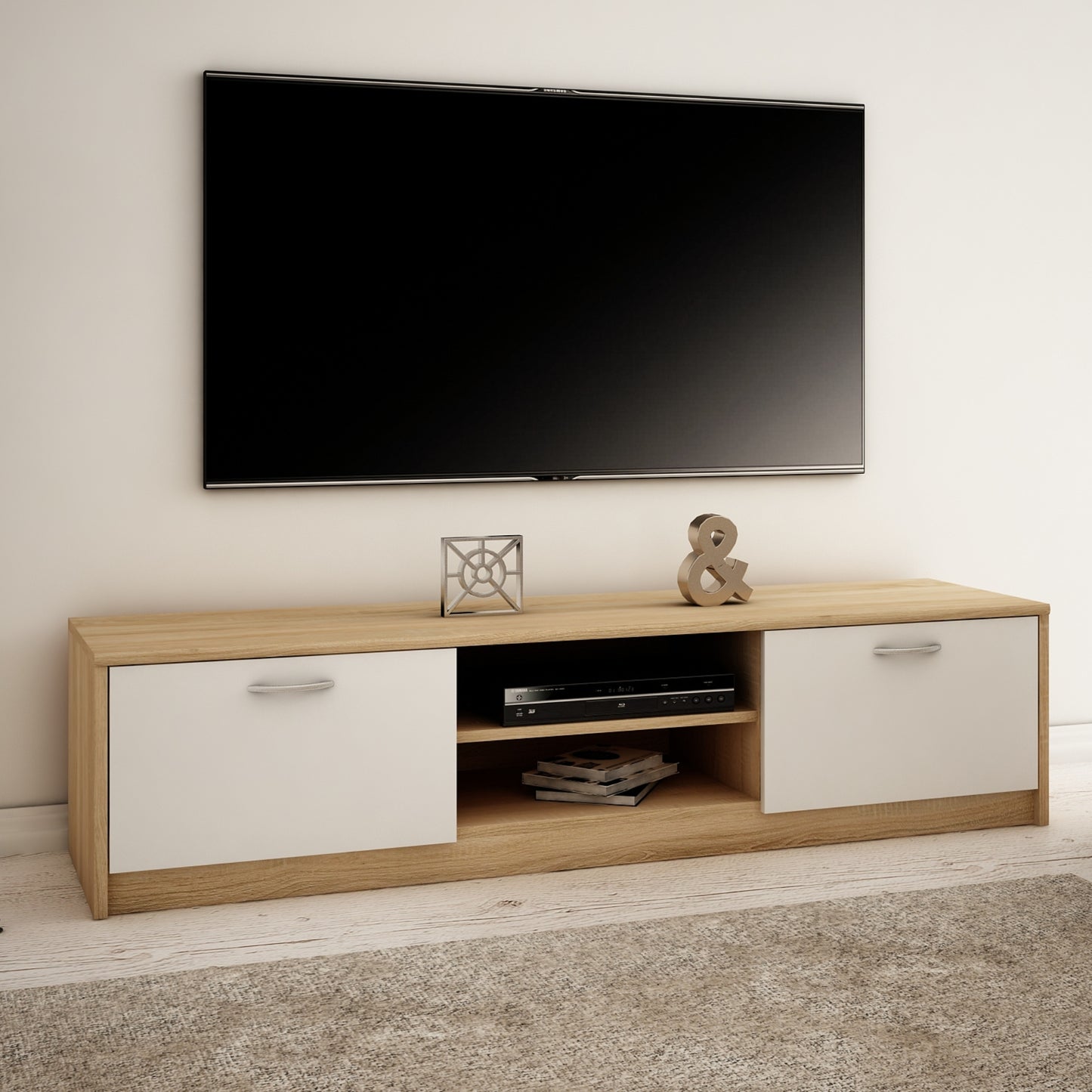 TV-Schrank 160cm breit Lowboard mit matter Oberfläche Fernsehtisch mit 2 Türen und 2 Regalen, aus laminiertem Board, abgerundete Kante und Metall-Rollschienen Fernsehkommode