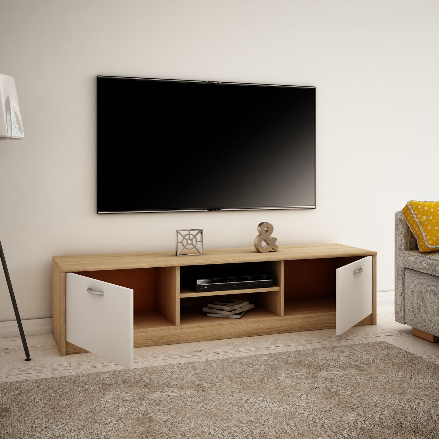 TV-Schrank 160cm breit Lowboard mit matter Oberfläche Fernsehtisch mit 2 Türen und 2 Regalen, aus laminiertem Board, abgerundete Kante und Metall-Rollschienen Fernsehkommode