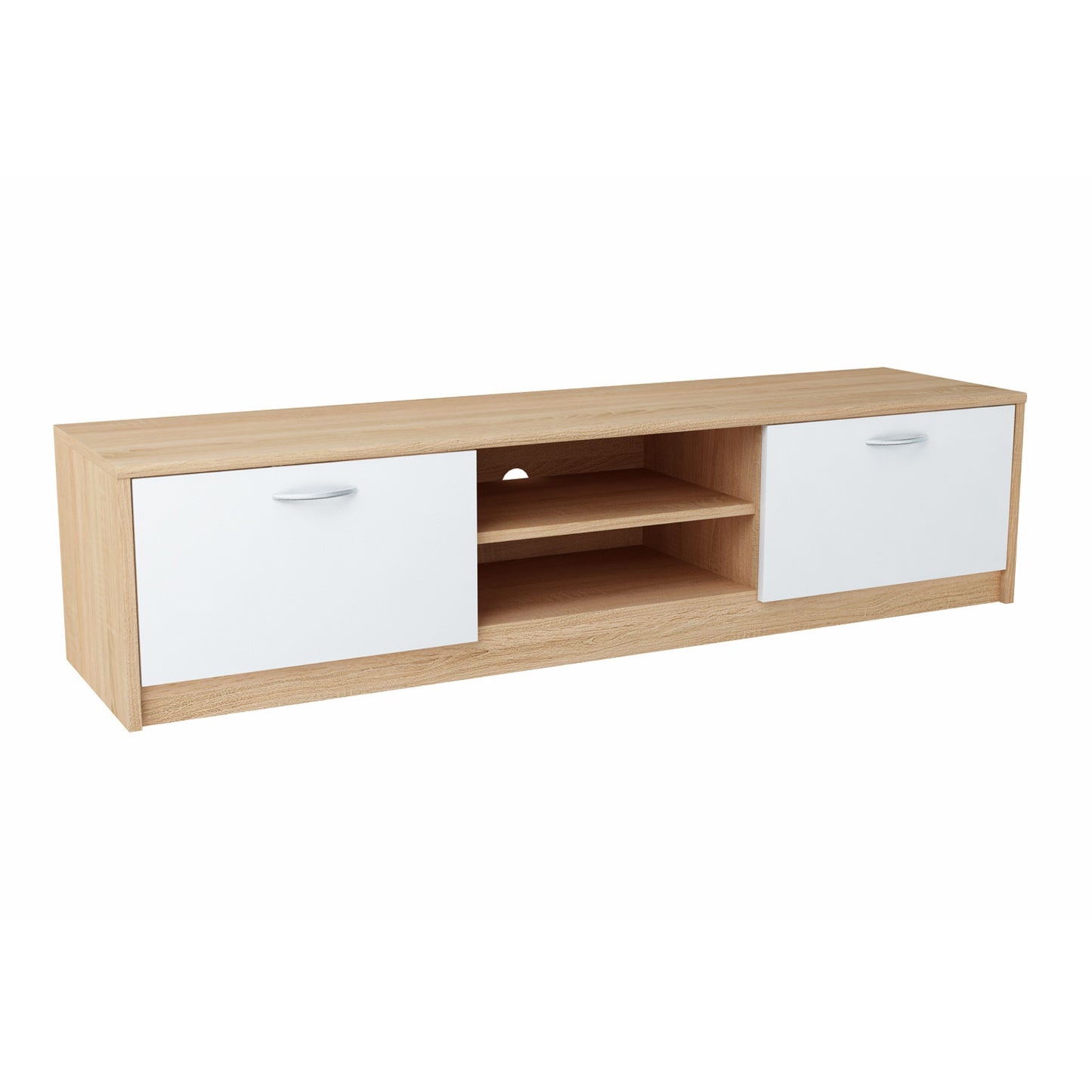 TV-Schrank 160cm breit Lowboard mit matter Oberfläche Fernsehtisch mit 2 Türen und 2 Regalen, aus laminiertem Board, abgerundete Kante und Metall-Rollschienen Fernsehkommode