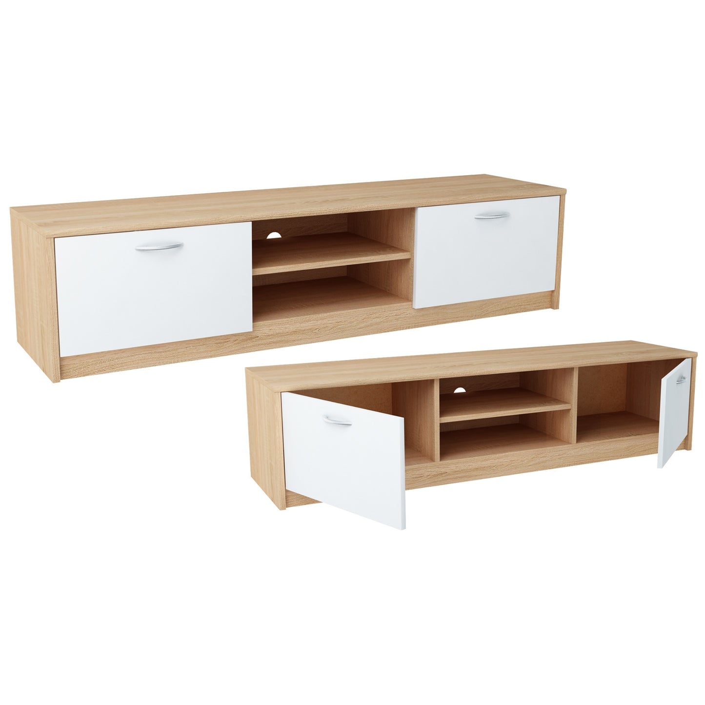 TV-Schrank 160cm breit Lowboard mit matter Oberfläche Fernsehtisch mit 2 Türen und 2 Regalen, aus laminiertem Board, abgerundete Kante und Metall-Rollschienen Fernsehkommode