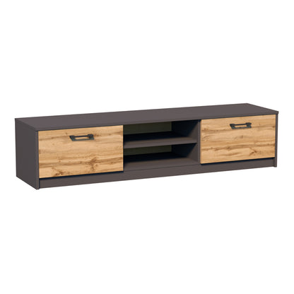 TV-Schrank 160cm breit Lowboard mit matter Oberfläche Fernsehtisch mit 2 Türen und 2 Regalen, aus laminiertem Board, abgerundete Kante und Metall-Rollschienen Fernsehkommode