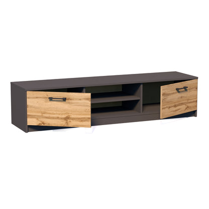 TV-Schrank 160cm breit Lowboard mit matter Oberfläche Fernsehtisch mit 2 Türen und 2 Regalen, aus laminiertem Board, abgerundete Kante und Metall-Rollschienen Fernsehkommode