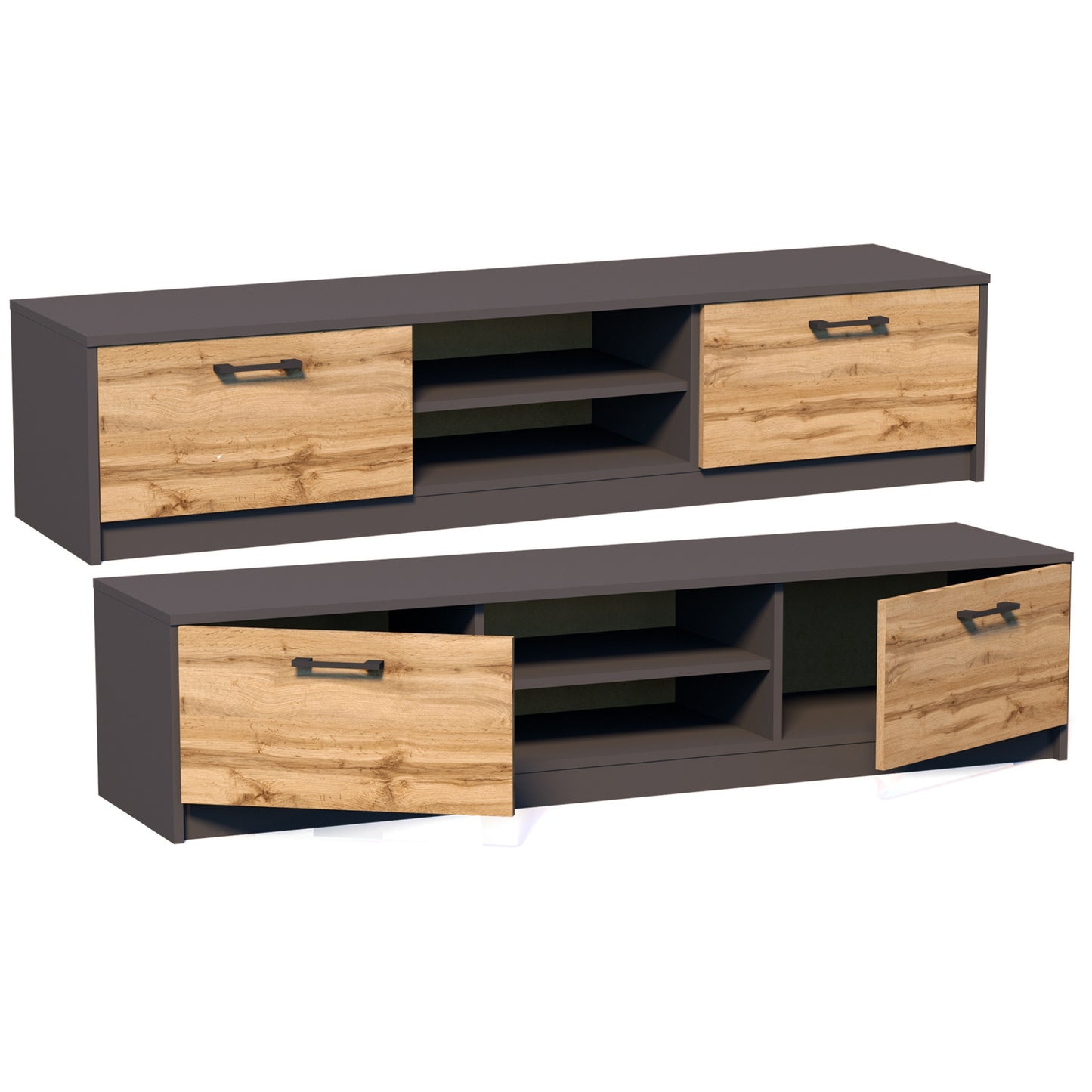 TV-Schrank 160cm breit Lowboard mit matter Oberfläche Fernsehtisch mit 2 Türen und 2 Regalen, aus laminiertem Board, abgerundete Kante und Metall-Rollschienen Fernsehkommode