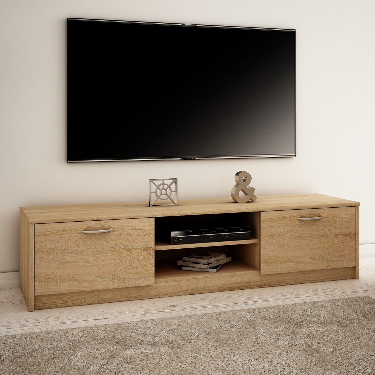 TV-Schrank 160cm breit Lowboard mit matter Oberfläche Fernsehtisch mit 2 Türen und 2 Regalen, aus laminiertem Board, abgerundete Kante und Metall-Rollschienen Fernsehkommode