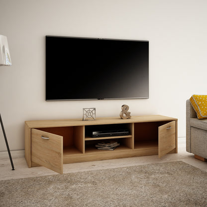 TV-Schrank 160cm breit Lowboard mit matter Oberfläche Fernsehtisch mit 2 Türen und 2 Regalen, aus laminiertem Board, abgerundete Kante und Metall-Rollschienen Fernsehkommode