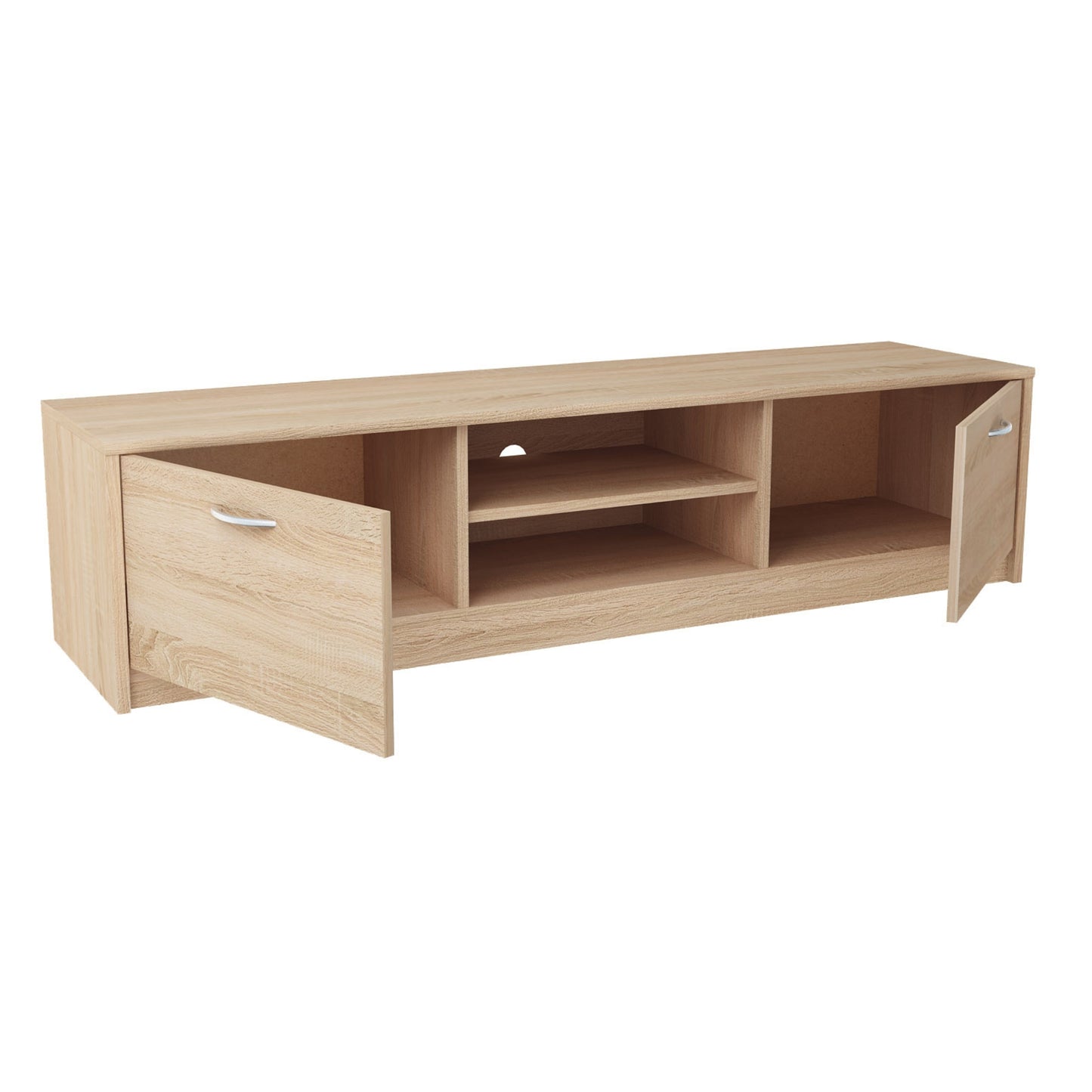 TV-Schrank 160cm breit Lowboard mit matter Oberfläche Fernsehtisch mit 2 Türen und 2 Regalen, aus laminiertem Board, abgerundete Kante und Metall-Rollschienen Fernsehkommode