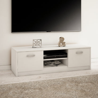 TV-Schrank 120cm breit Lowboard mit matter Oberfläche Fernsehtisch mit 2 Türen und 1 Regal, aus laminiertem Board, abgerundete Kante und Metall-Rollschienen Fernsehkommode