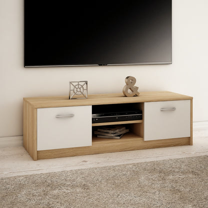 TV-Schrank 120cm breit Lowboard mit matter Oberfläche Fernsehtisch mit 2 Türen und 1 Regal, aus laminiertem Board, abgerundete Kante und Metall-Rollschienen Fernsehkommode