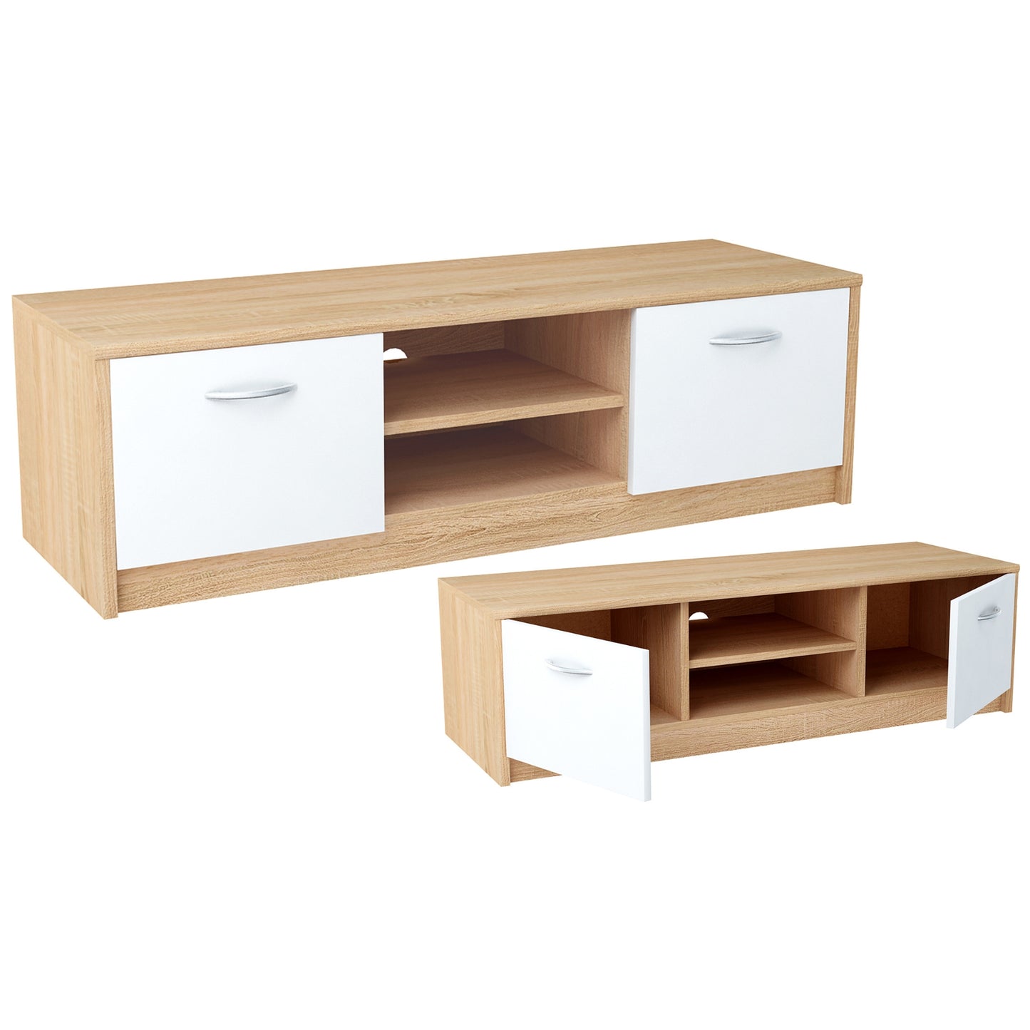 TV-Schrank 120cm breit Lowboard mit matter Oberfläche Fernsehtisch mit 2 Türen und 1 Regal, aus laminiertem Board, abgerundete Kante und Metall-Rollschienen Fernsehkommode