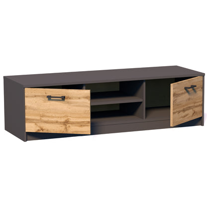 TV-Schrank 120cm breit Lowboard mit matter Oberfläche Fernsehtisch mit 2 Türen und 1 Regal, aus laminiertem Board, abgerundete Kante und Metall-Rollschienen Fernsehkommode