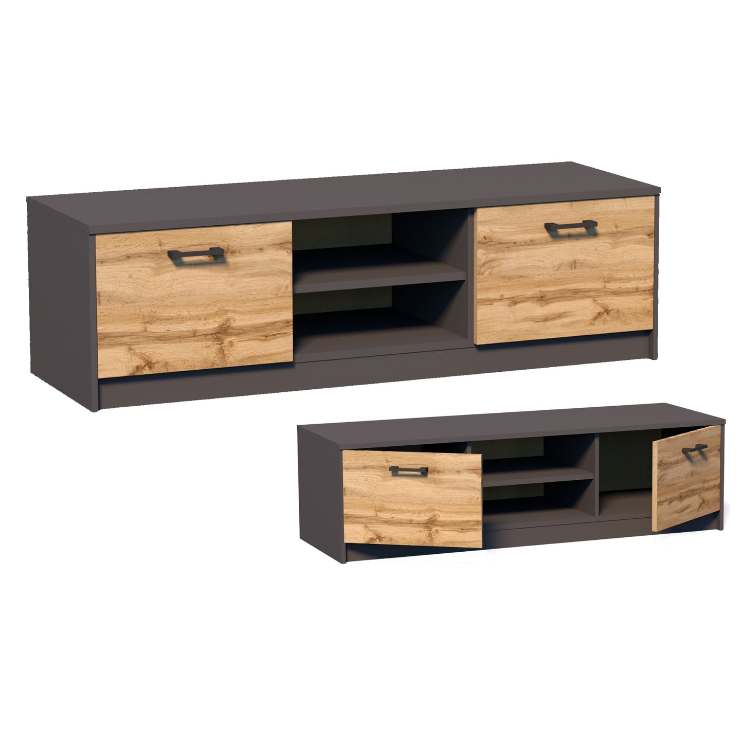 TV-Schrank 120cm breit Lowboard mit matter Oberfläche Fernsehtisch mit 2 Türen und 1 Regal, aus laminiertem Board, abgerundete Kante und Metall-Rollschienen Fernsehkommode