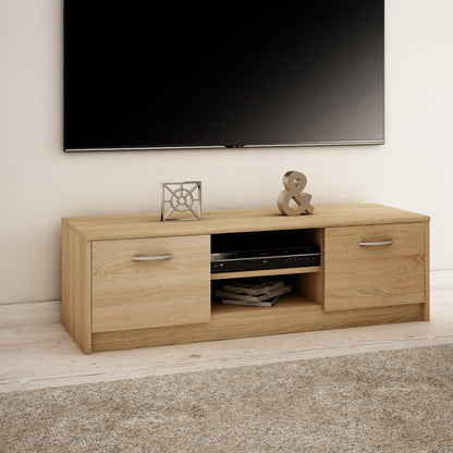 TV-Schrank 120cm breit Lowboard mit matter Oberfläche Fernsehtisch mit 2 Türen und 1 Regal, aus laminiertem Board, abgerundete Kante und Metall-Rollschienen Fernsehkommode