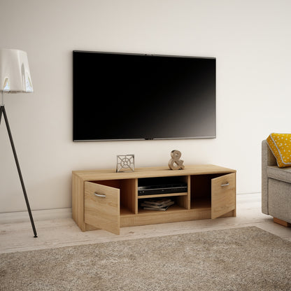 TV-Schrank 120cm breit Lowboard mit matter Oberfläche Fernsehtisch mit 2 Türen und 1 Regal, aus laminiertem Board, abgerundete Kante und Metall-Rollschienen Fernsehkommode