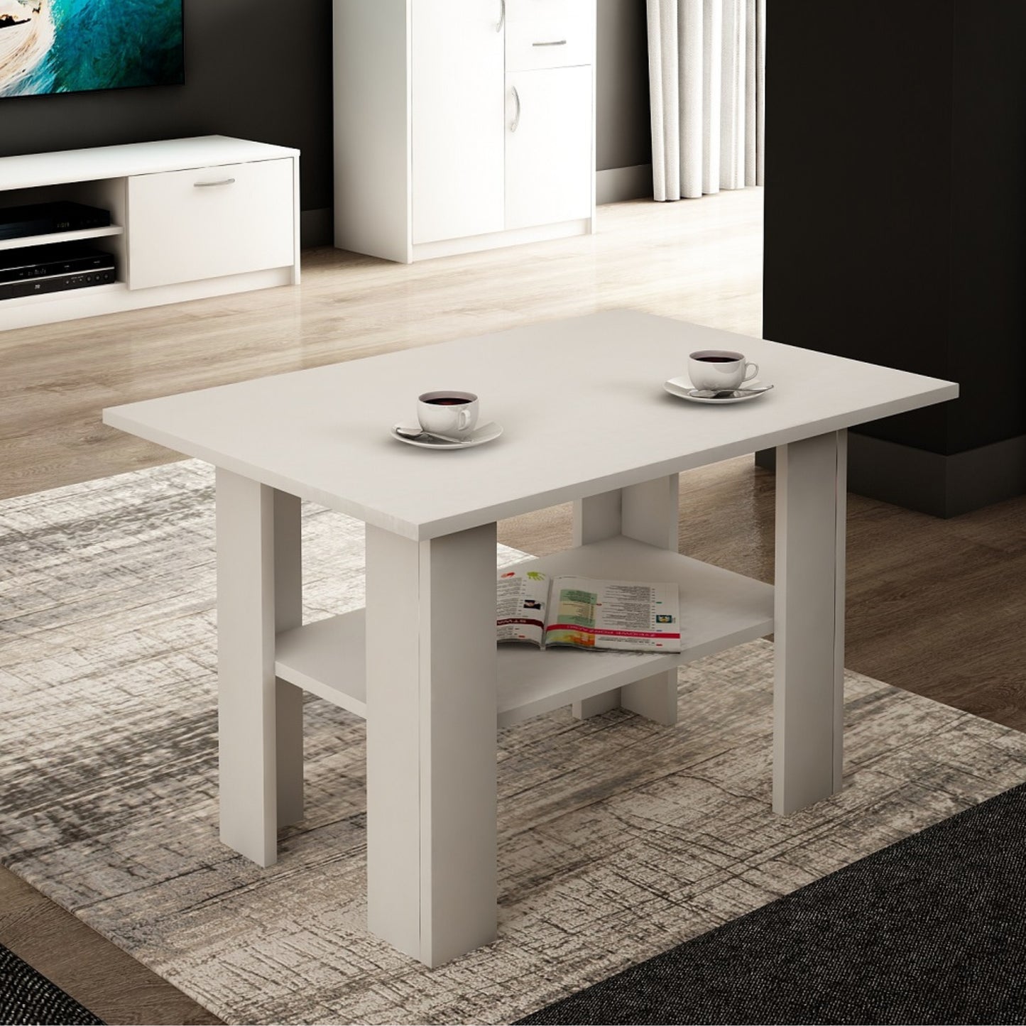 Couchtisch mit Ablage Tisch mit matter Oberfläche, Beistelltisch 87 cm breit Loft Design Ideal für Schlafzimmer, Wohnzimmer aus laminiertem Holz, 1 Ablage für zusätzlichen Stauraum