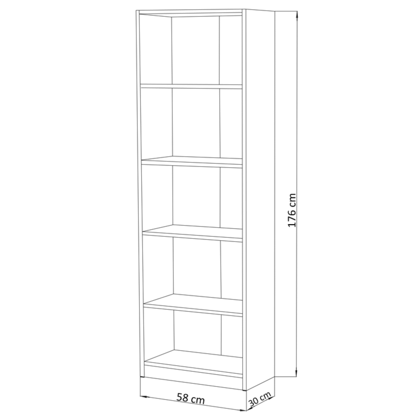 Bücherregal mit 5 Ebenen Regal in matter Ausführung 58 cm breit, Standregal mit 4 Einlegeböden, ideal für Schlafzimmer, Wohnzimmer, Flur, strapazierfähige Laminatplatte, 16 mm dick