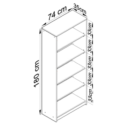 Bücherregal mit 5 Ebenen Regal in matter Ausführung 74 cm breit, Standregal mit 4 Einlegeböden, ideal für Schlafzimmer, Wohnzimmer, Flur, strapazierfähige Laminatplatte, 16 mm dick