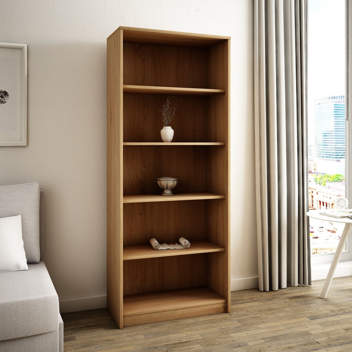 Bücherregal mit 5 Ebenen Regal in matter Ausführung 74 cm breit, Standregal mit 4 Einlegeböden, ideal für Schlafzimmer, Wohnzimmer, Flur, strapazierfähige Laminatplatte, 16 mm dick