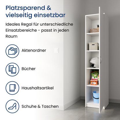 Regal mit 5 Ebenen in mattem Finish Aktenschrank mit 4 Einlegeböden und 1 Tür, Standregal 39 cm breit mit hochwertigen Polymergriffen ideal für Schlafzimmer, Wohnzimmer, Flur, Büro