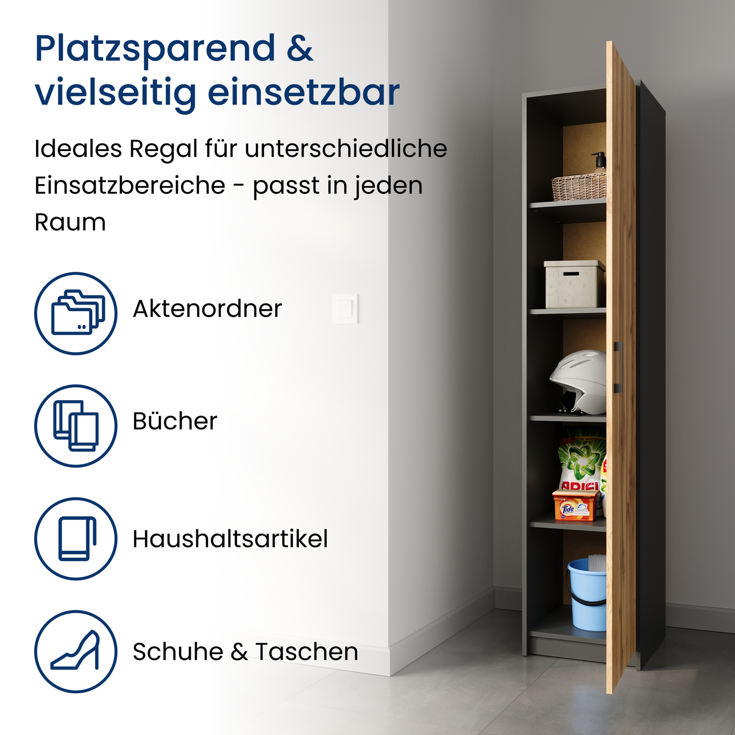 Regal mit 5 Ebenen in mattem Finish Aktenschrank mit 4 Einlegeböden und 1 Tür, Standregal 39 cm breit mit hochwertigen Polymergriffen ideal für Schlafzimmer, Wohnzimmer, Flur, Büro