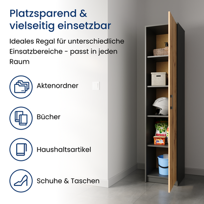 Regal mit 5 Ebenen in mattem Finish Aktenschrank mit 4 Einlegeböden und 1 Tür, Standregal 39 cm breit mit hochwertigen Polymergriffen ideal für Schlafzimmer, Wohnzimmer, Flur, Büro
