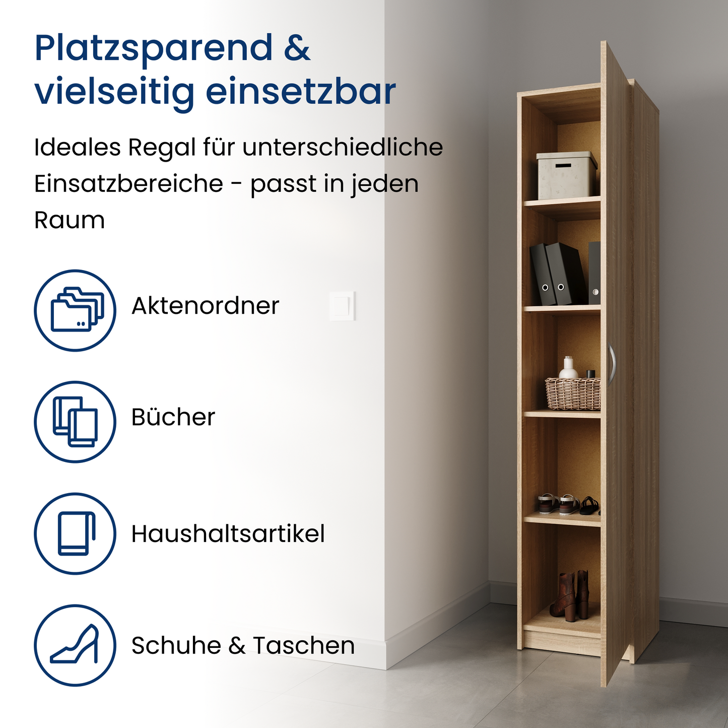 Regal mit 5 Ebenen in mattem Finish Aktenschrank mit 4 Einlegeböden und 1 Tür, Standregal 39 cm breit mit hochwertigen Polymergriffen ideal für Schlafzimmer, Wohnzimmer, Flur, Büro