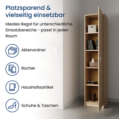 Regal mit 5 Ebenen in mattem Finish Aktenschrank mit 4 Einlegeböden und 1 Tür, Standregal 39 cm breit mit hochwertigen Polymergriffen ideal für Schlafzimmer, Wohnzimmer, Flur, Büro