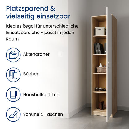 Regal mit 5 Ebenen in mattem Finish Aktenschrank mit 4 Einlegeböden und 1 Tür, Standregal 39 cm breit mit hochwertigen Polymergriffen ideal für Schlafzimmer, Wohnzimmer, Flur, Büro