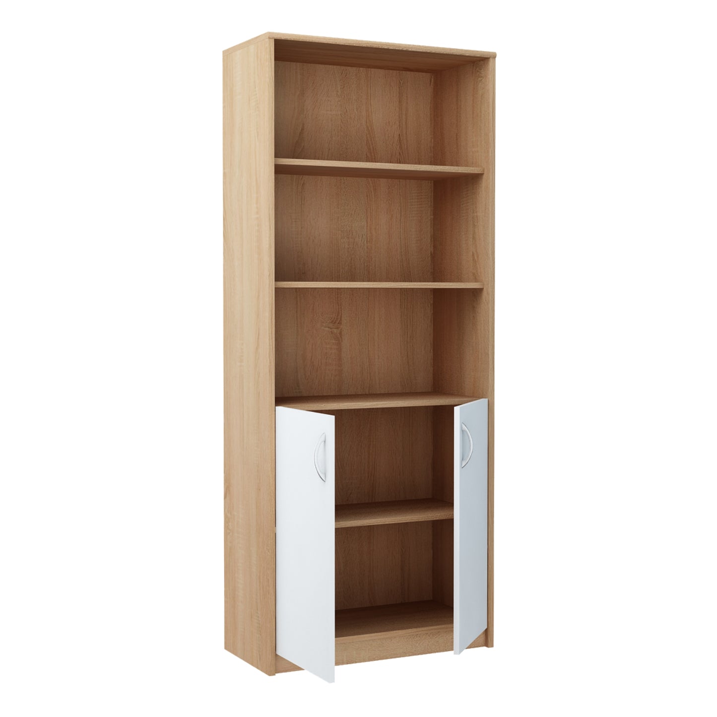 Bücherregal mit 5 Ebenen und 2 Türen Mehrzweckschrank Haushaltsschrank in mattem Finish Aktenschrank Regal 74 cm breit, Standregal mit 4 Einlegeböden, ideal für Schlafzimmer, Wohnzimmer, Flur