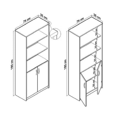 Bücherregal mit 5 Ebenen und 2 Türen Mehrzweckschrank Haushaltsschrank in mattem Finish Aktenschrank Regal 74 cm breit, Standregal mit 4 Einlegeböden, ideal für Schlafzimmer, Wohnzimmer, Flur