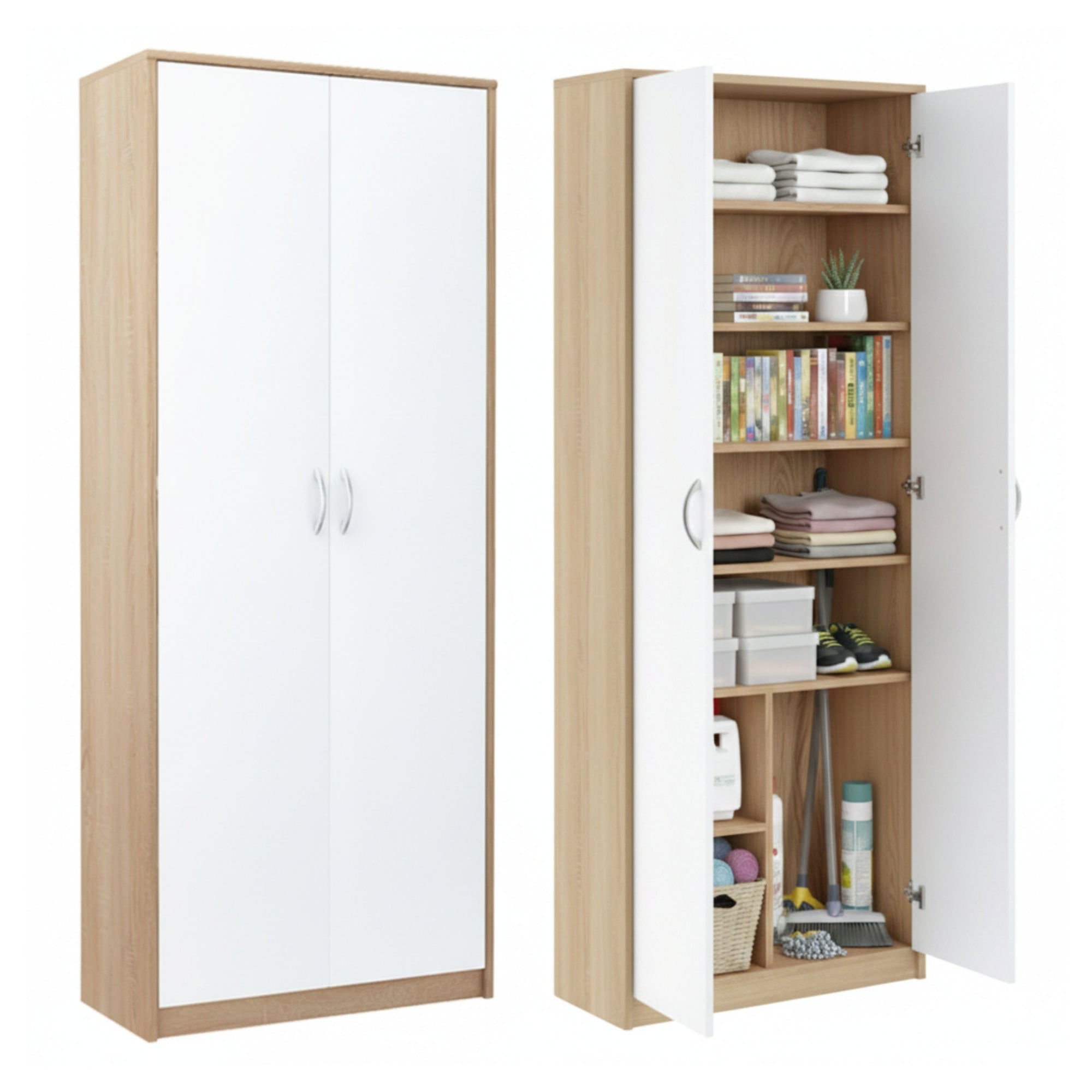 Mehrzweckschrank mit 8 Fächern Besenschrank Haushaltsschrank in mattem Finish mit 6 Einlegeböden und 2 Türen, 74 cm breit aus Laminatplatte und hochwertigen Polymergriffen