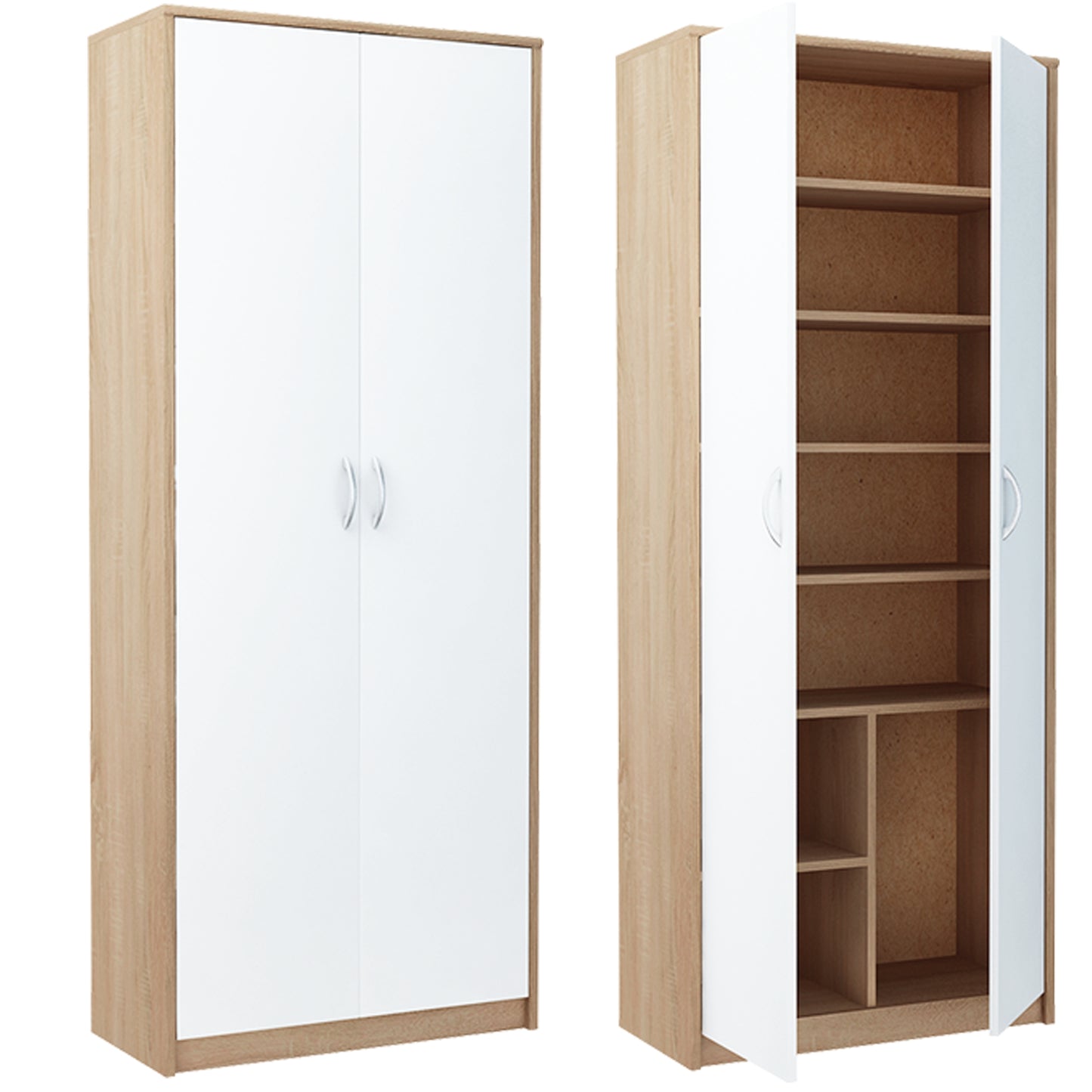 Mehrzweckschrank mit 8 Fächern Besenschrank Haushaltsschrank in mattem Finish mit 6 Einlegeböden und 2 Türen, 74 cm breit aus Laminatplatte und hochwertigen Polymergriffen