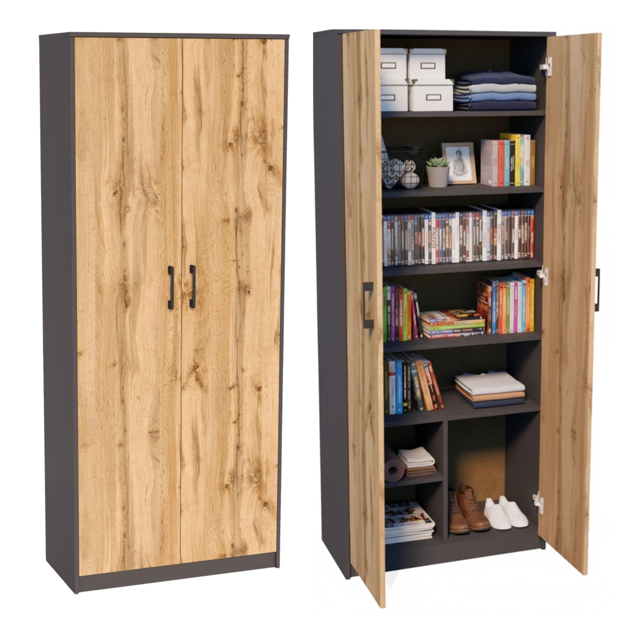 Mehrzweckschrank mit 8 Fächern Besenschrank Haushaltsschrank in mattem Finish mit 6 Einlegeböden und 2 Türen, 74 cm breit aus Laminatplatte und hochwertigen Polymergriffen