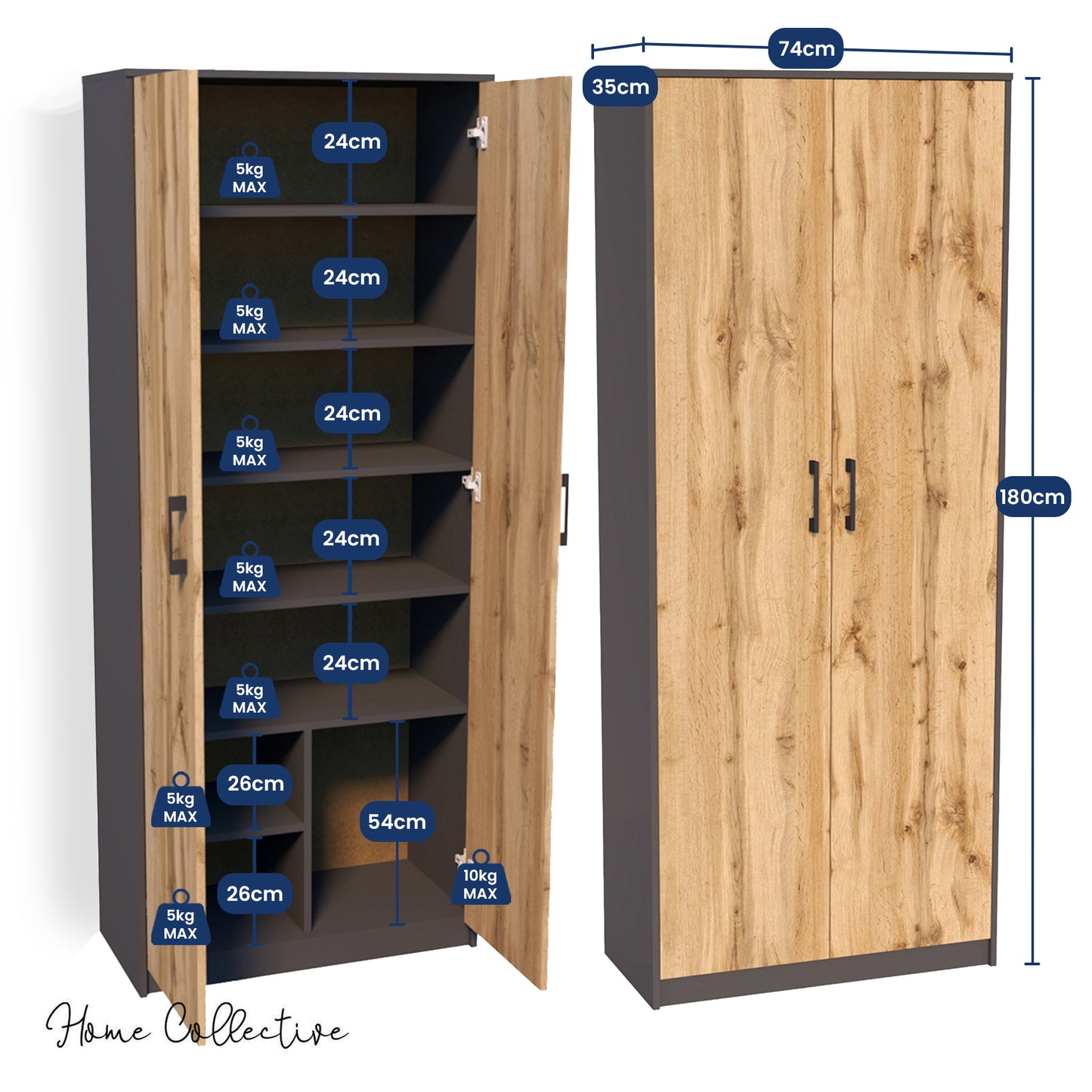 Mehrzweckschrank mit 8 Fächern Besenschrank Haushaltsschrank in mattem Finish mit 6 Einlegeböden und 2 Türen, 74 cm breit aus Laminatplatte und hochwertigen Polymergriffen
