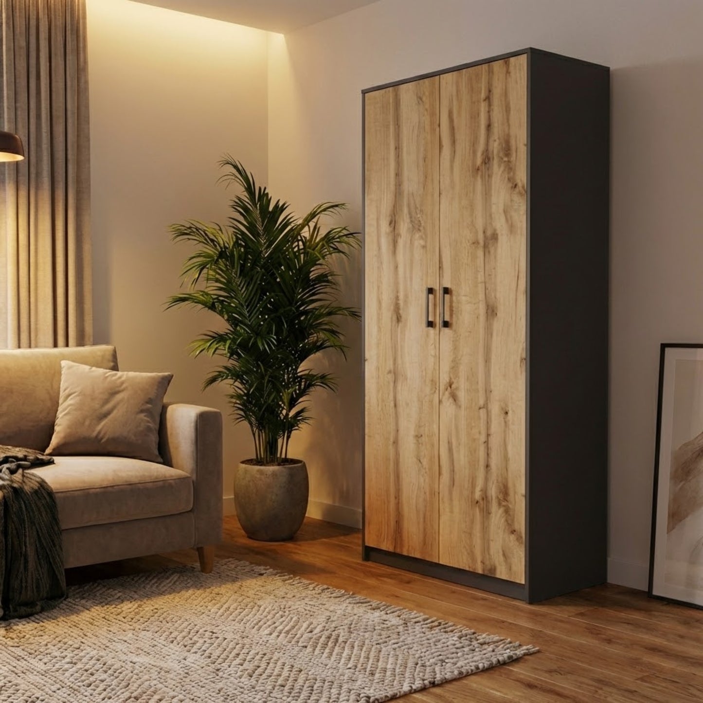 Mehrzweckschrank mit 8 Fächern Besenschrank Haushaltsschrank in mattem Finish mit 6 Einlegeböden und 2 Türen, 74 cm breit aus Laminatplatte und hochwertigen Polymergriffen