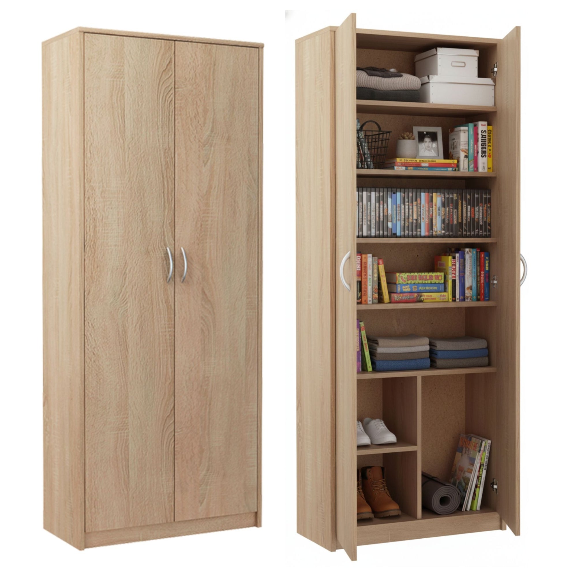 Mehrzweckschrank mit 8 Fächern Besenschrank Haushaltsschrank in mattem Finish mit 6 Einlegeböden und 2 Türen, 74 cm breit aus Laminatplatte und hochwertigen Polymergriffen