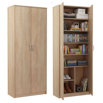 Mehrzweckschrank mit 8 Fächern Besenschrank Haushaltsschrank in mattem Finish mit 6 Einlegeböden und 2 Türen, 74 cm breit aus Laminatplatte und hochwertigen Polymergriffen