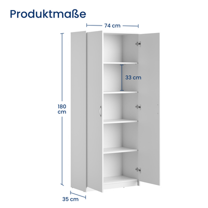 Schrank Mehrzweckschrank Aktenschrank Hochschrank mit 5 Fächern, 2 Türen, 74x35x180 cm, vielseitig einsetzbar für Büro, Flur, Küche, Hauswirtschaftsraum, stabil & pflegeleicht