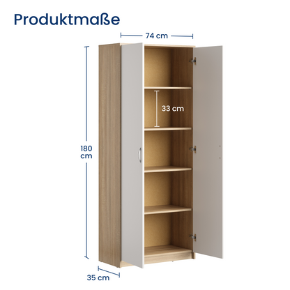 Schrank Mehrzweckschrank Aktenschrank Hochschrank mit 5 Fächern, 2 Türen, 74x35x180 cm, vielseitig einsetzbar für Büro, Flur, Küche, Hauswirtschaftsraum, stabil & pflegeleicht