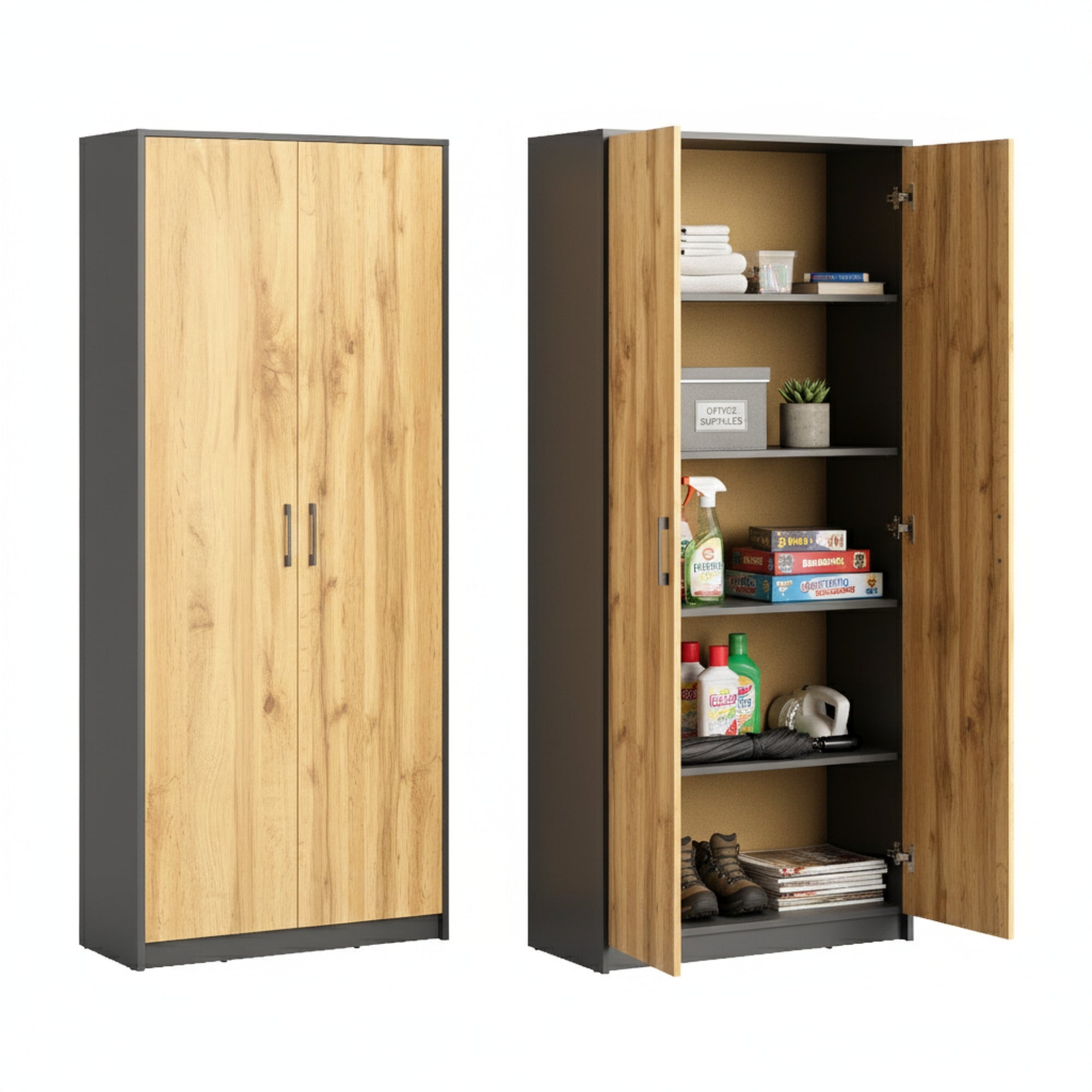 Schrank Mehrzweckschrank Aktenschrank Hochschrank mit 5 Fächern, 2 Türen, 74x35x180 cm, vielseitig einsetzbar für Büro, Flur, Küche, Hauswirtschaftsraum, stabil & pflegeleicht