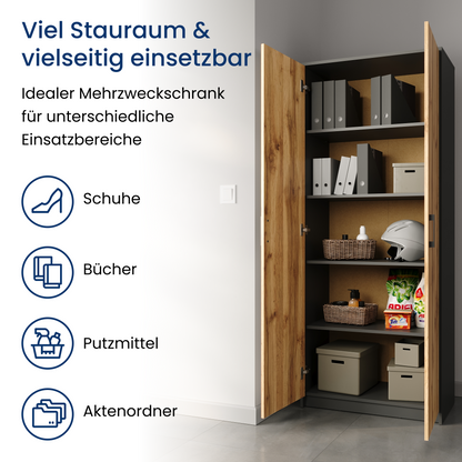 Schrank Mehrzweckschrank Aktenschrank Hochschrank mit 5 Fächern, 2 Türen, 74x35x180 cm, vielseitig einsetzbar für Büro, Flur, Küche, Hauswirtschaftsraum, stabil & pflegeleicht