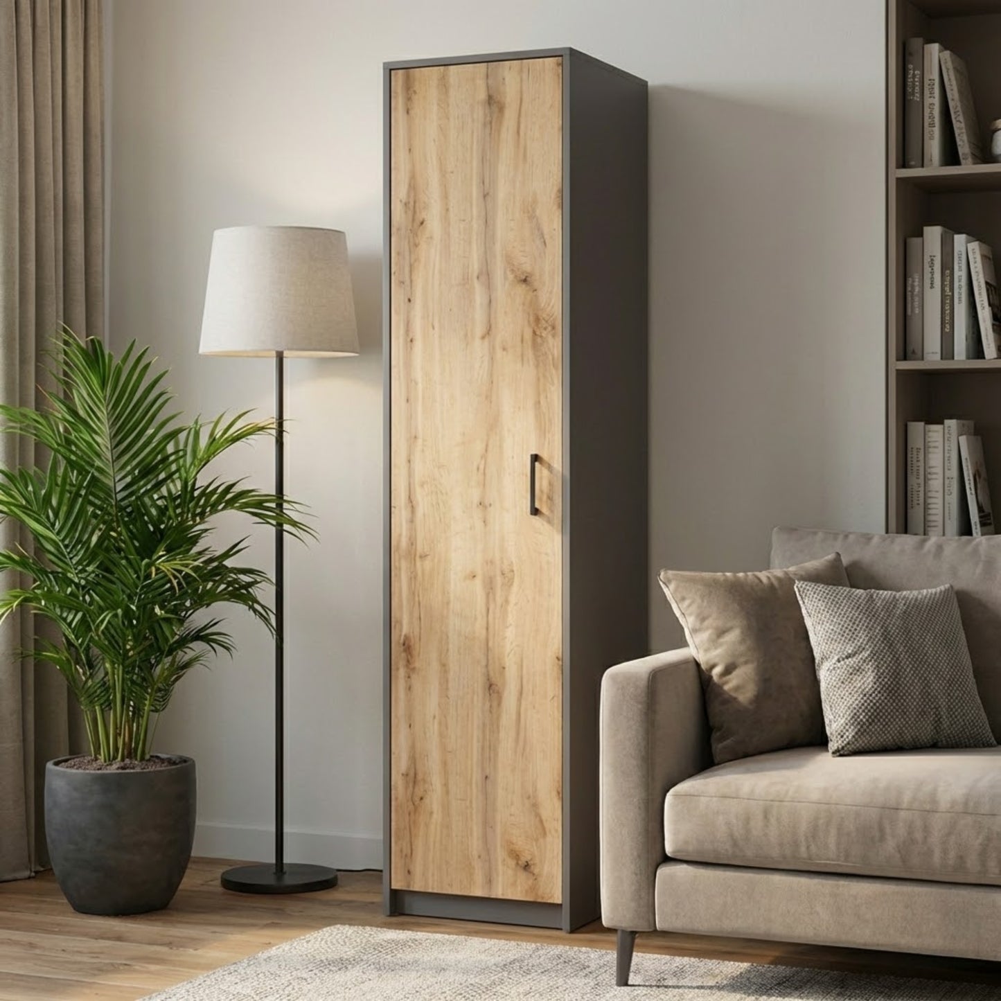 Kleiderschrank mit 1 Tür, 1 Kleiderstange und 2 Einlegeböden, Garderobenschrank 45 cm breit Schrank schmal matte Oberfläche, aus laminierter Platte, ideal für Schlafzimmer, Wohnzimmer, Flur