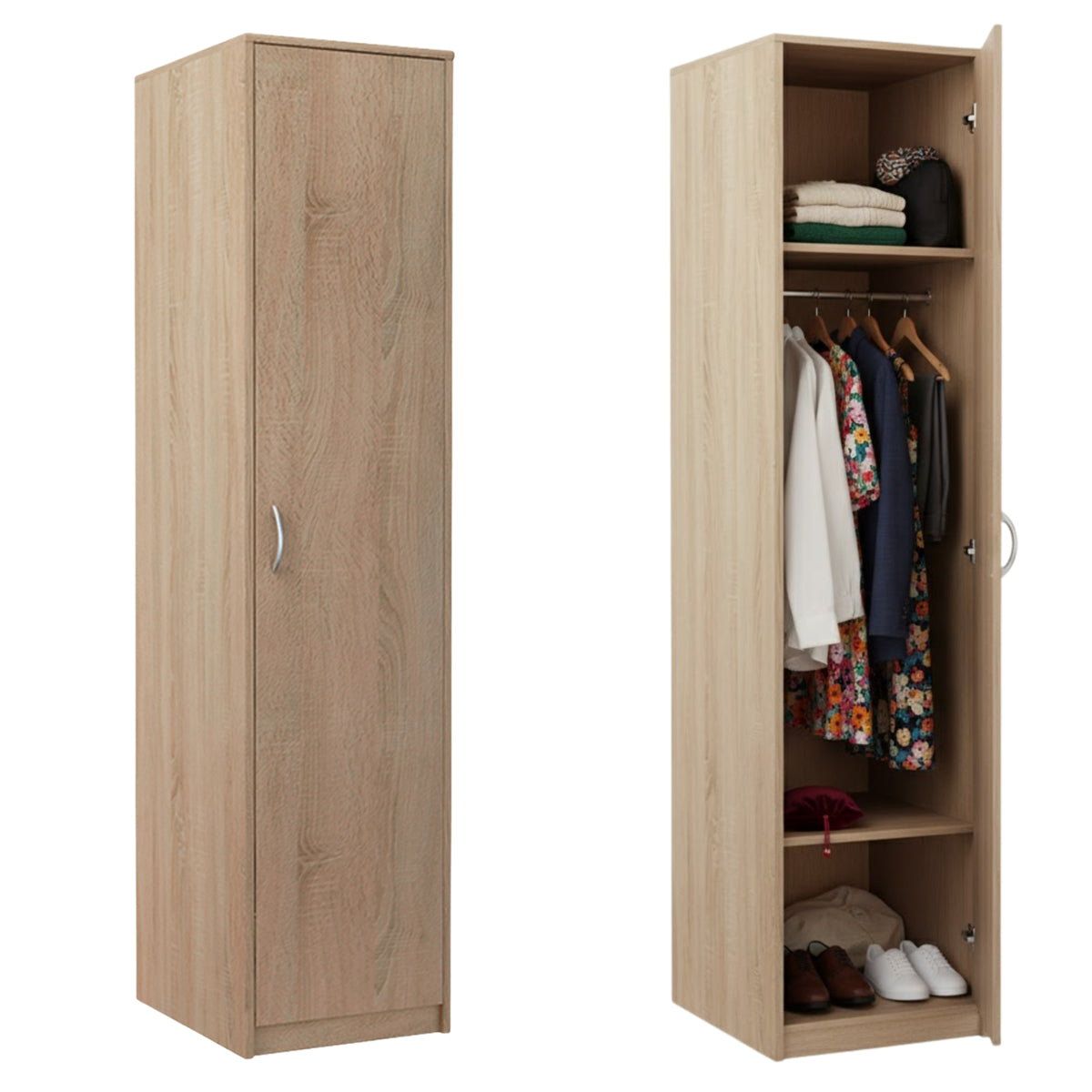 Kleiderschrank mit 1 Tür, 1 Kleiderstange und 2 Einlegeböden, Garderobenschrank 45 cm breit Schrank schmal matte Oberfläche, aus laminierter Platte, 