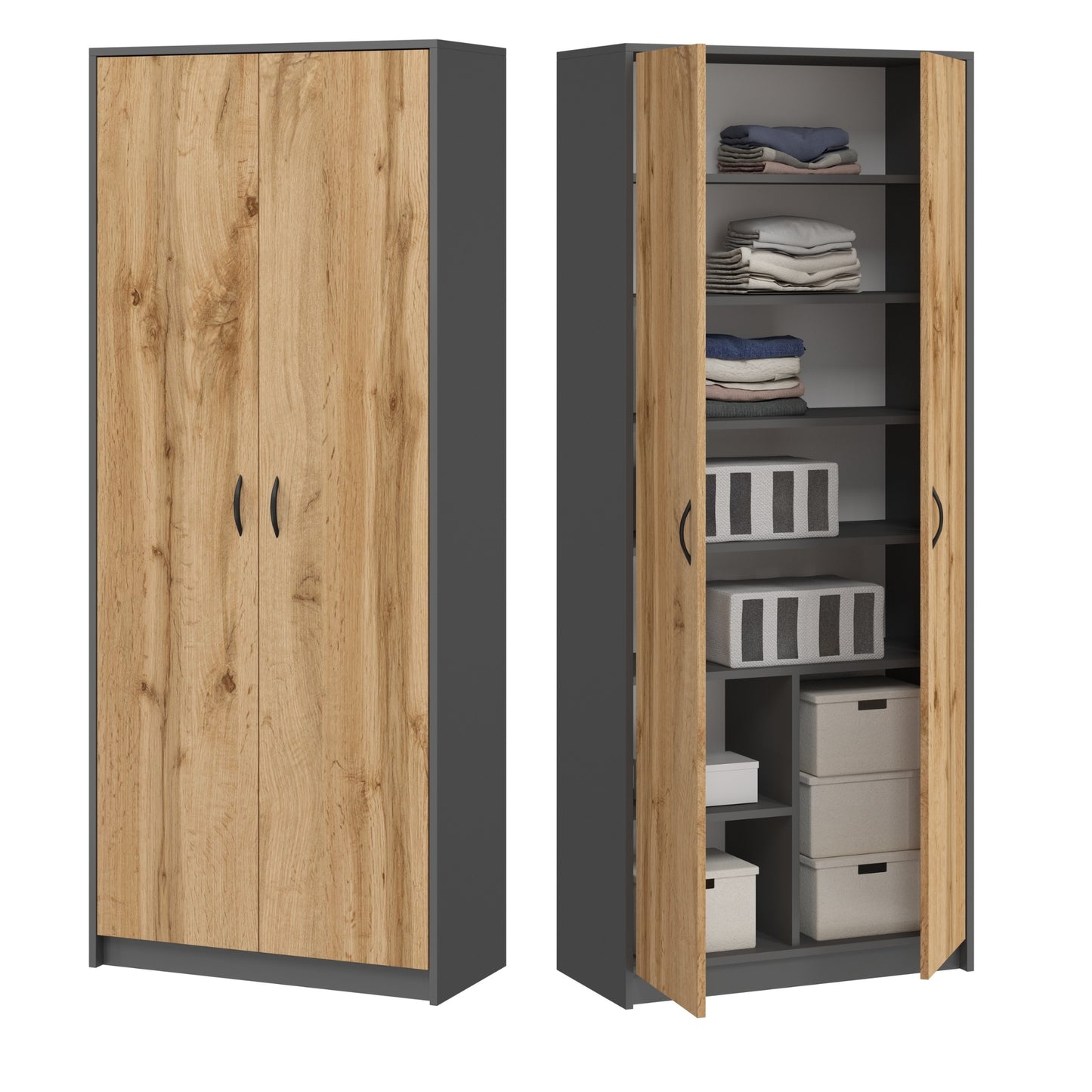 Armoire armoire polyvalente avec amortisseur de porte SOFT CLOSE (en option) blanc 74 cm largeur 180 cm hauteur avec quatre ou six étagères, classeur organisateur d'armoire domestique en bois MDF