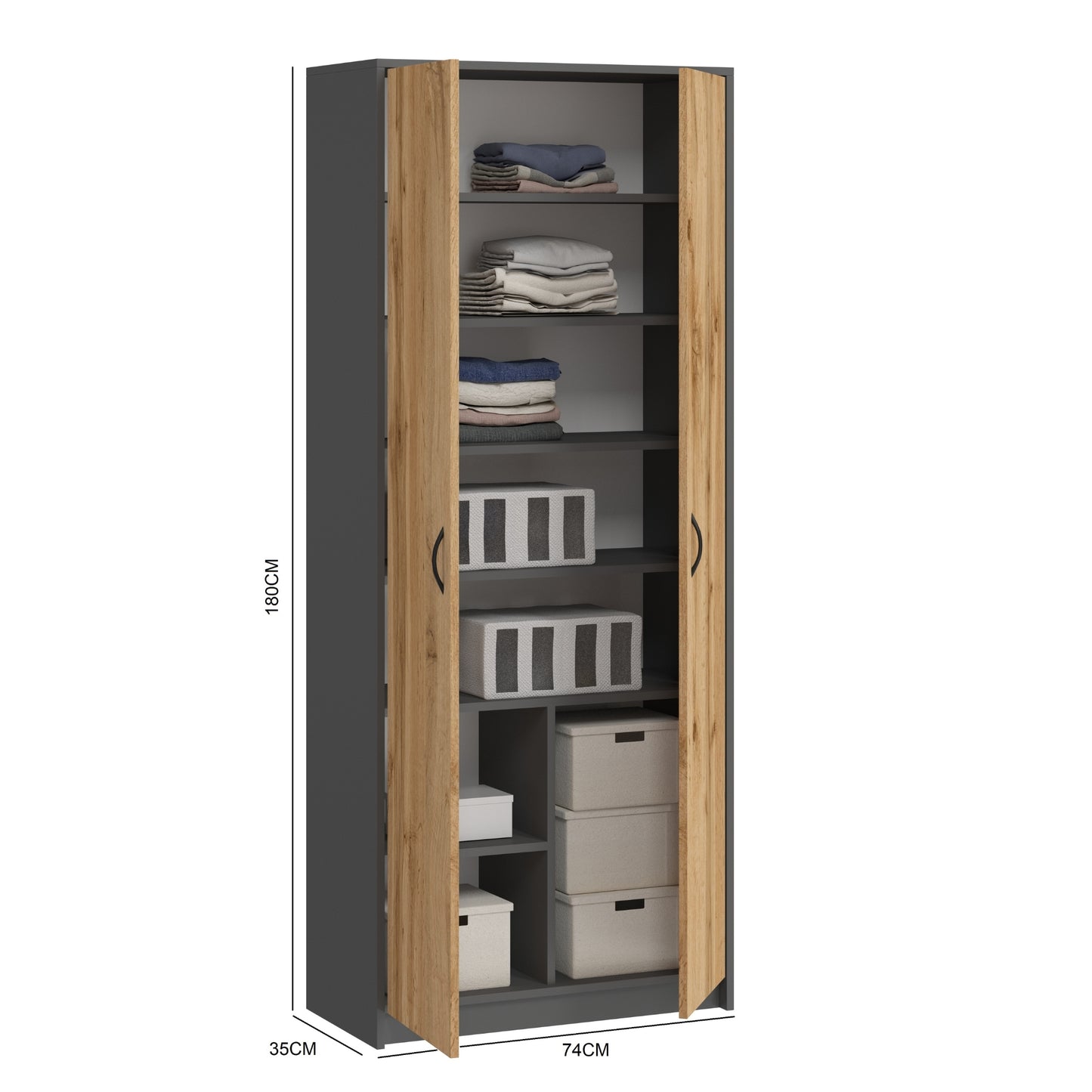 Armoire armoire polyvalente avec amortisseur de porte SOFT CLOSE (en option) blanc 74 cm largeur 180 cm hauteur avec quatre ou six étagères, classeur organisateur d'armoire domestique en bois MDF